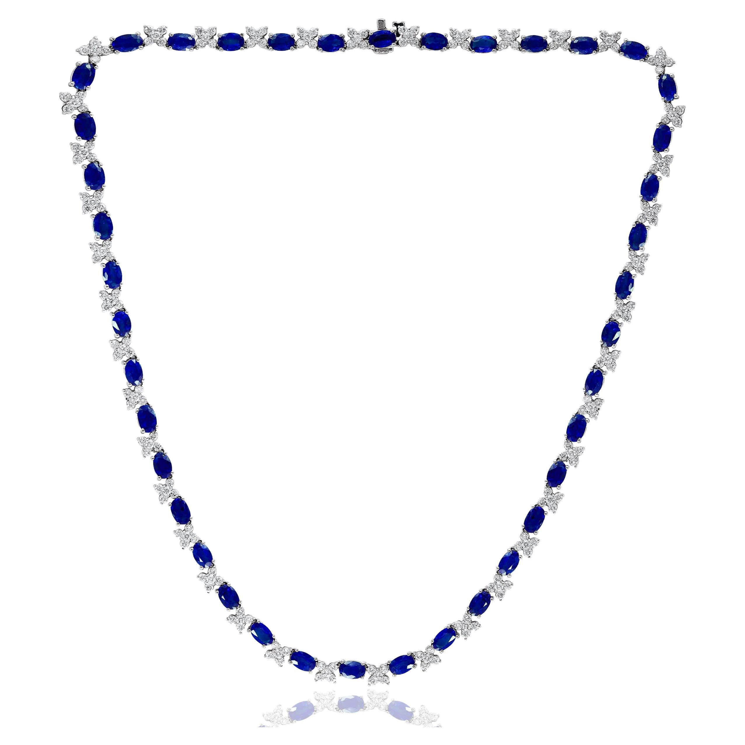Collana Tennis con zaffiri e diamanti taglio ovale da 20,58 carati in oro bianco 18 carati in vendita