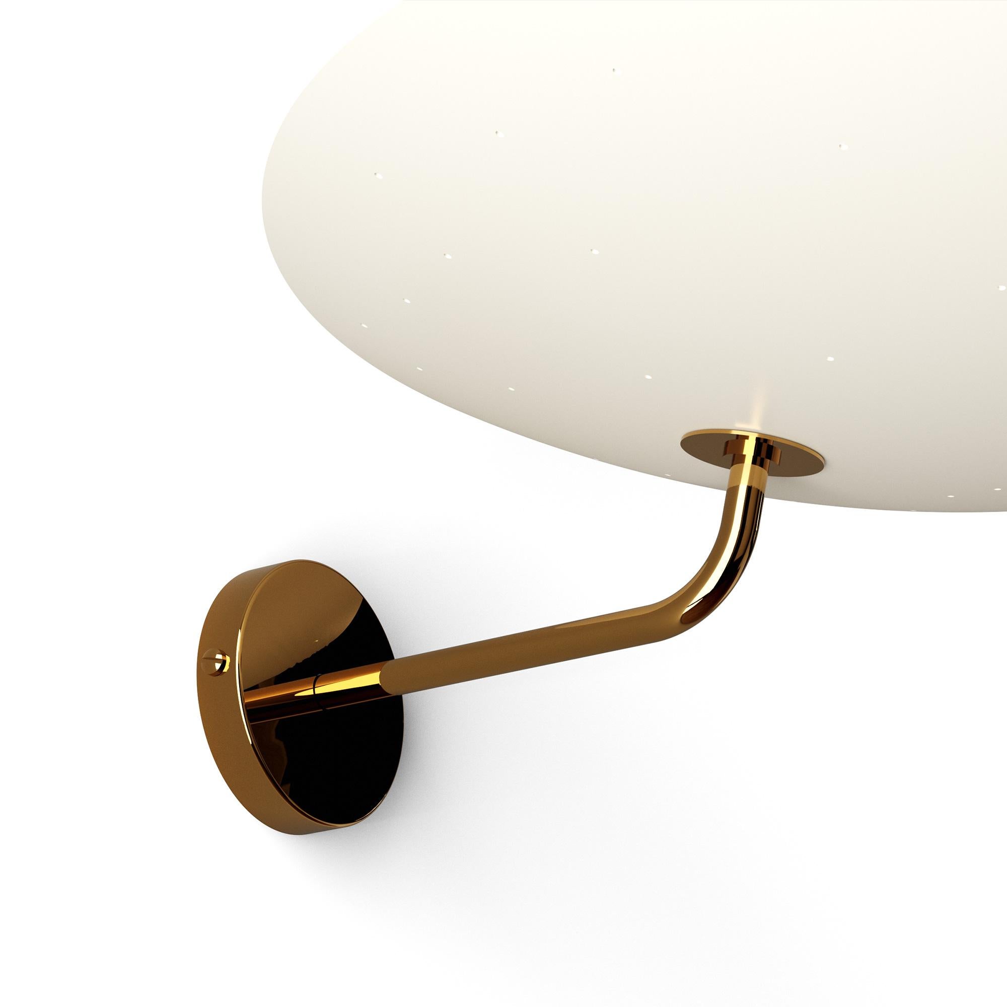 2059 Golden Brass Wall Lamp by Disderot
Limited Edition. 
Designed by Pierre Disderot.
Dimensions: Ø 40 x H 12 cm.
Materials: Golden brass. 

Delivered with authentication certificate. Made in France. Available in different colors and metal options.