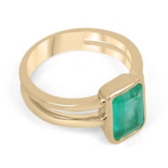 2.05ct 14K Emerald Cut Colombian Emerald Bezel Solitaire Split Shank Gold Ring