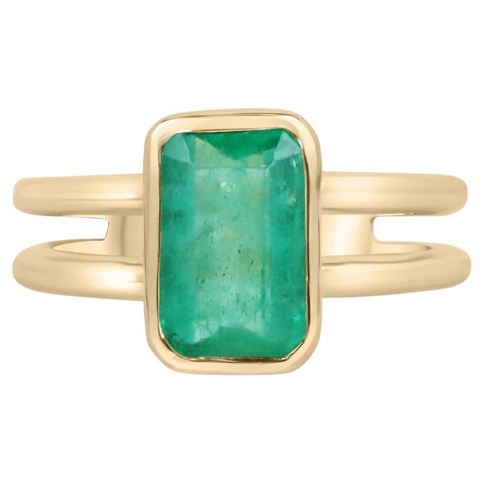 2.05ct 14K Emerald Cut Colombian Emerald Bezel Solitaire Split Shank Gold Ring