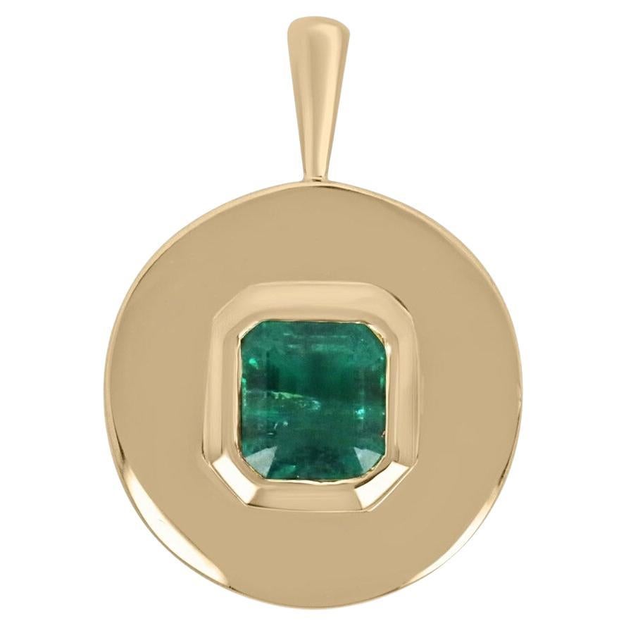 2.05ct 18K Asscher Cut Emerald Bezel Set in Round Gypsy 585 Gold Pendant Necklac For Sale