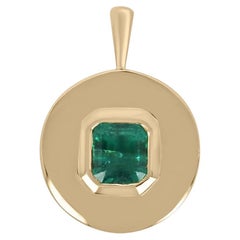 Used 2.05ct 18K Asscher Cut Emerald Bezel Set in Round Gypsy 585 Gold Pendant Necklac