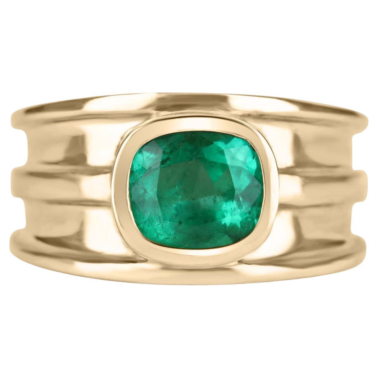 2.05ct 18K Colombian Emerald Cushion Cut Men's Solitaire Gold Ring
