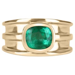 2.05ct 18K Colombian Emerald Cushion Cut Men's Solitaire Gold Ring