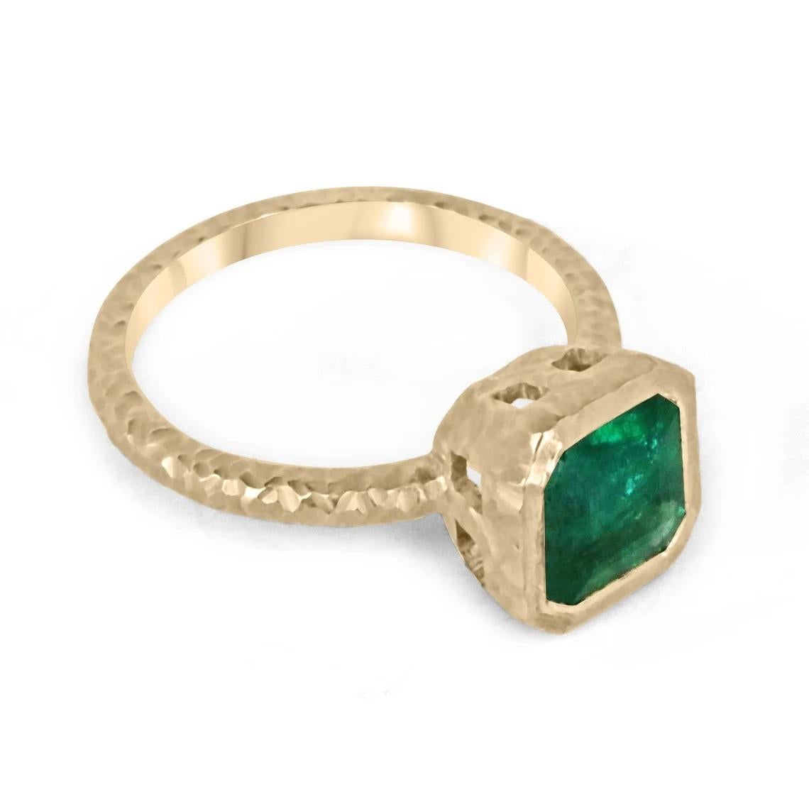 Presenting an exquisite solitaire emerald ring that exudes sophistication and uniqueness. This stunning piece showcases a magnificent 2.05 carat Asscher-cut emerald, boasting a rich, dark green color that emanates a sense of opulence. With its very