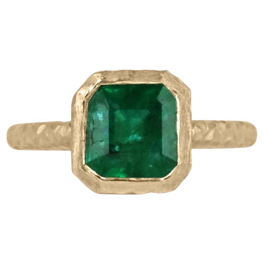 2.05ct 18K Fine Quality Rich Green Asscher Cut Emerald Matter Hammer Gold Finish For Sale