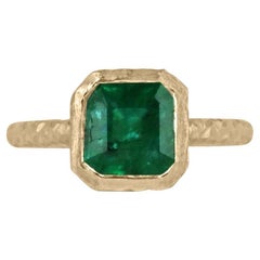 2.05ct 18K Fine Quality Rich Green Asscher Cut Emerald Matter Hammer Gold Finish