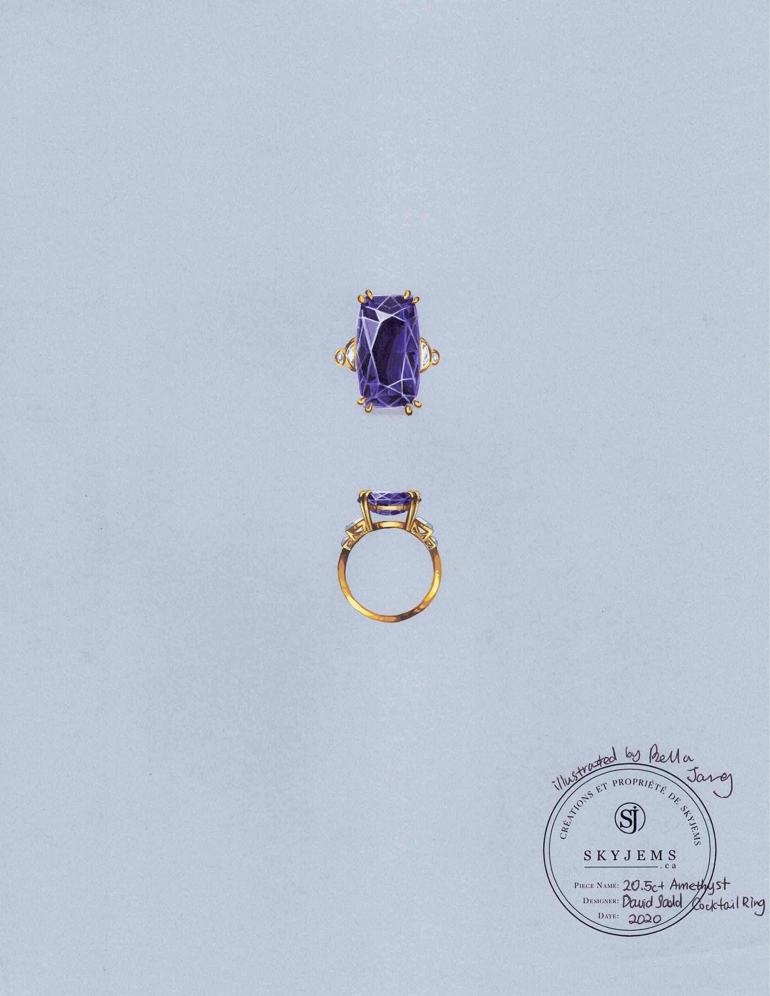 Cushion Cut 20.5ct Amethyst Yellow Sapphire and Diamond Cocktail Ring Set in 14k Yellow Gold For Sale