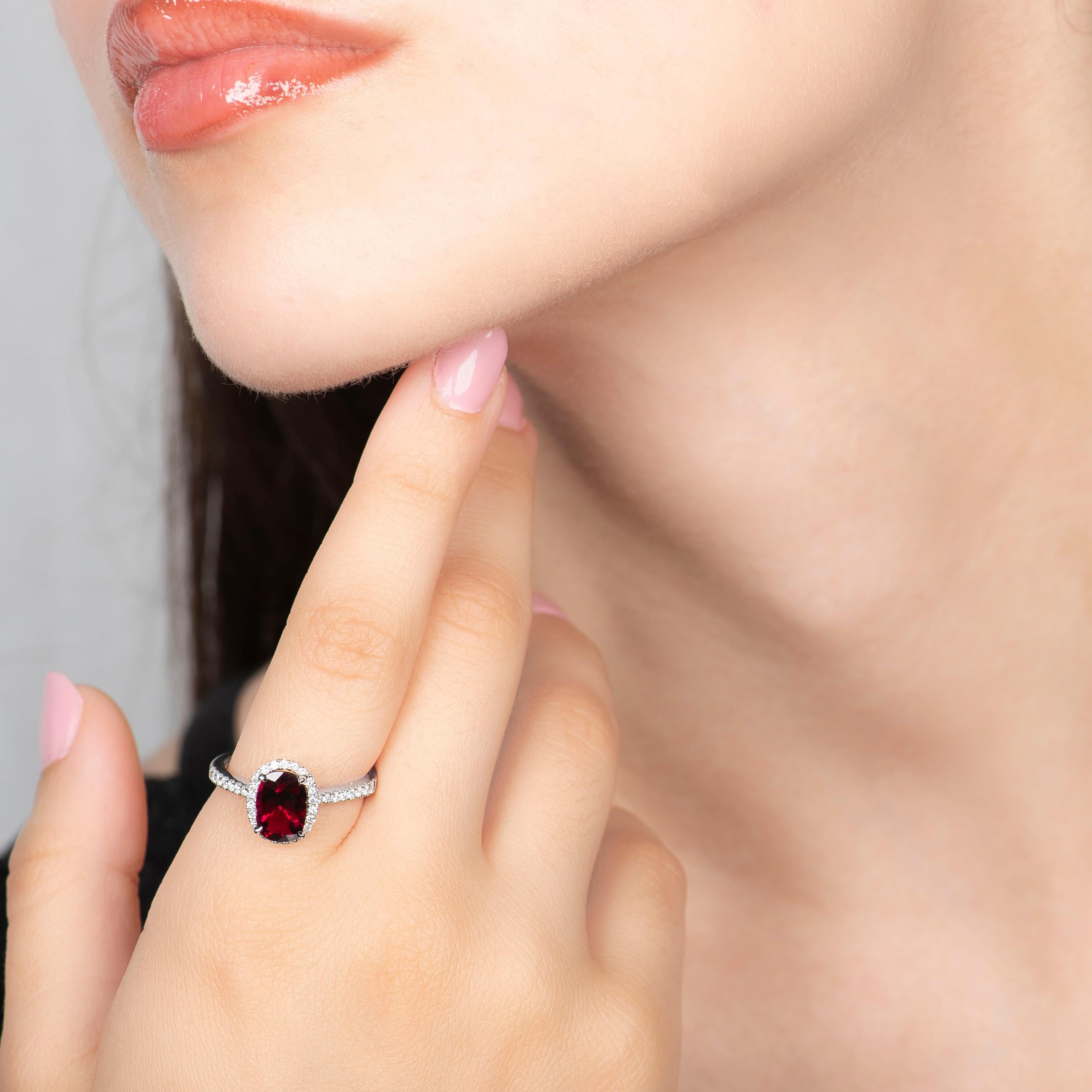 2.05 Carat Cushion Cut Thai Ruby and 0.35 Carat Diamond Ring, GIA Certified In New Condition In Houston, TX