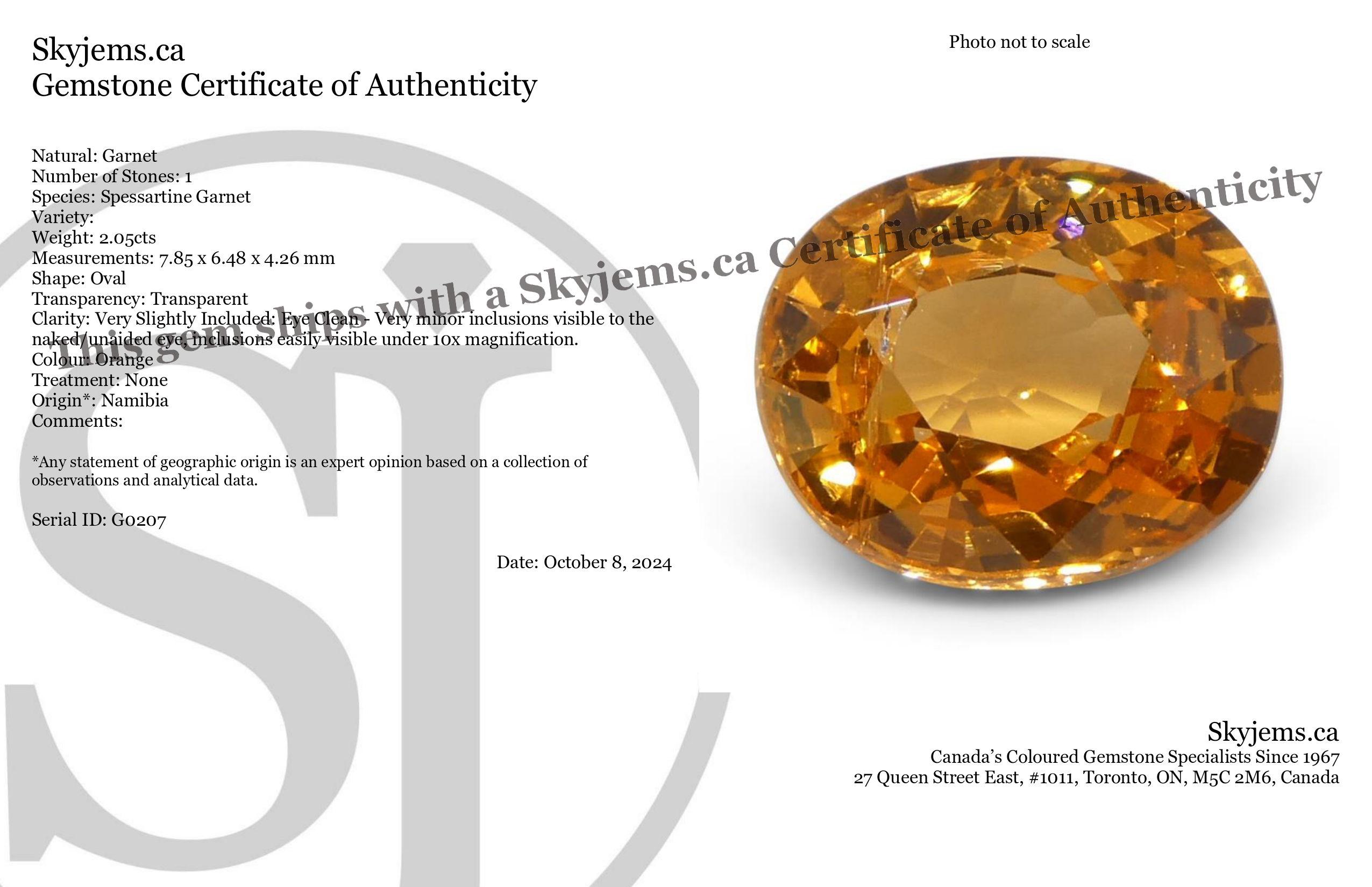 Descrizione:

Tipo di gemma: Granato 
Numero di pietre: 1
Peso: 2,05 carati
Misure: 7.85 x 6.48 x 4.26 mm
Forma: Ovale
Stile di taglio Corona: Taglio brillante
Padiglione Stile di Taglio: Taglio a gradini 
Trasparenza: Trasparente
Chiarezza: