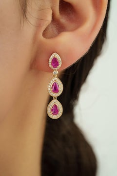 2.05ct Pear Cut Mozambique Ruby Diamond Triple Drop Earrings in 14K Yellow Gold