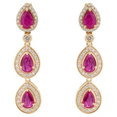2.05ct Pear Cut Mozambique Ruby Diamond Triple Drop Earrings in 14K Yellow Gold