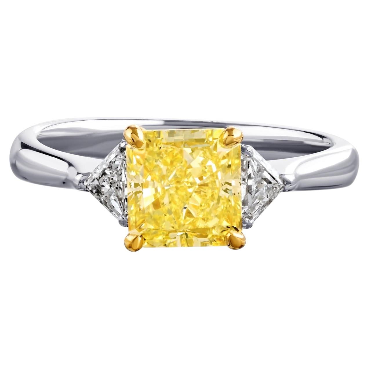 2.05ct Radiant Cut Fancy Yellow SI2 GIA Three Stone Engagement Ring