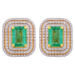 2.05ct Emeraude Zambienne Diamant Double Halo 0.80ct Boucles d'oreilles or jaune 18k