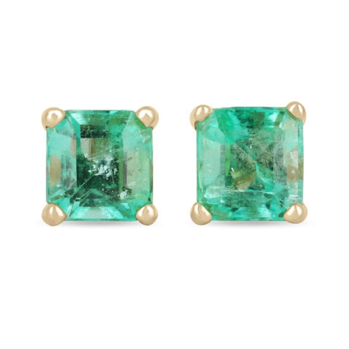 2.05tcw 14K Colombian Emerald Princess Cut Solitaire Stud Earrings, Asscher Cut