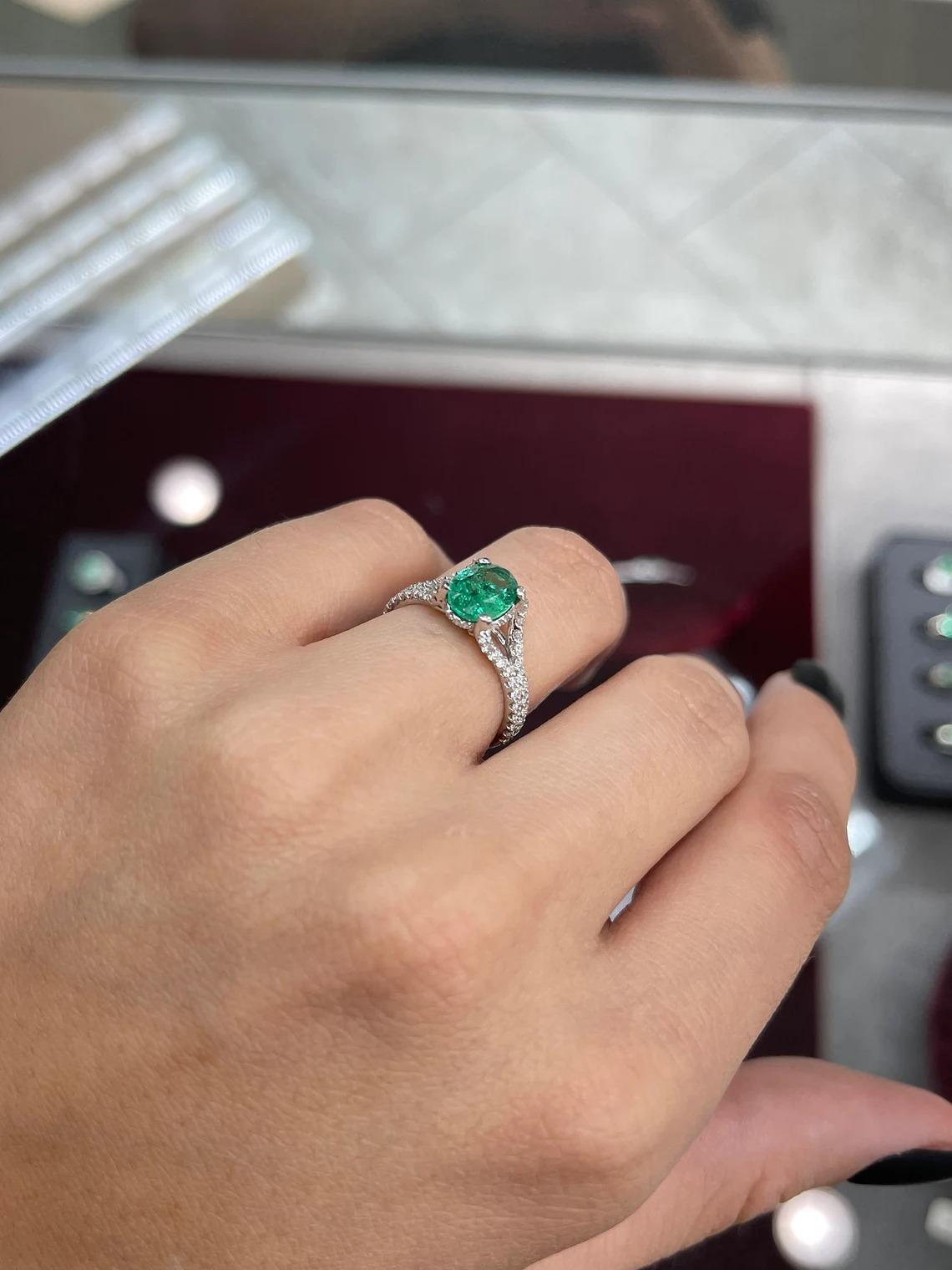 Modern 2.05tcw 14K Natural Emerald-Oval Cut & Diamond Split Shank Engagement Ring For Sale