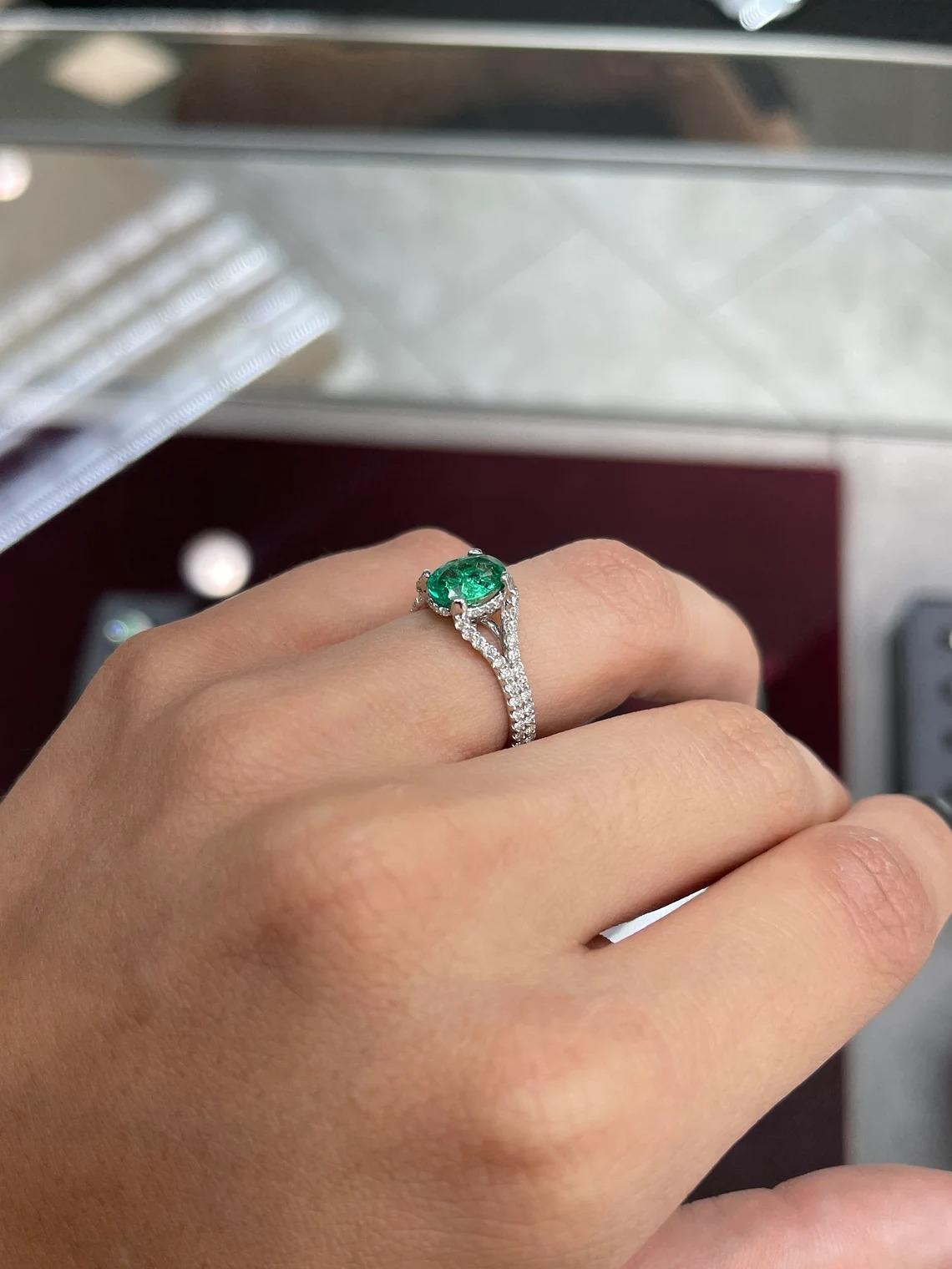 2.05tcw 14K Natural Emerald-Oval Cut & Diamond Split Shank Engagement Ring In New Condition For Sale In Jupiter, FL