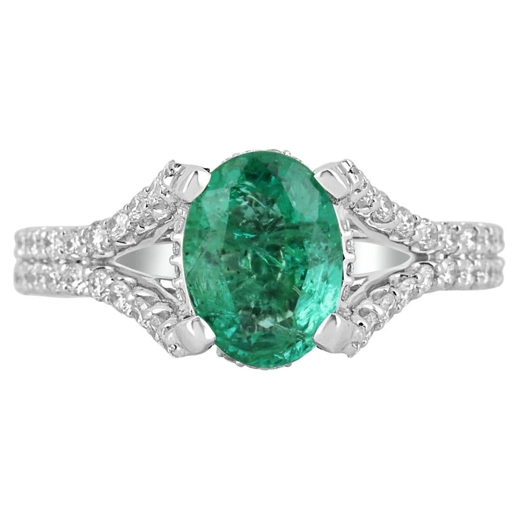 2.05tcw 14K Natural Emerald-Oval Cut & Diamond Split Shank Engagement Ring For Sale