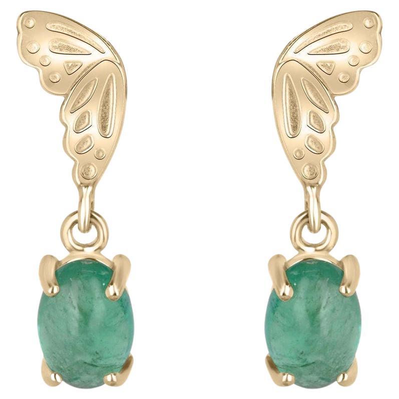 2.05tcw 14K Oval Cabochon Emerald Butterfly Dangle Earrings Prong Set Green oval