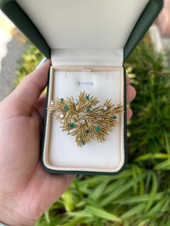 2.05tcw 18K Gold Colombian Emerald and Diamond Branch Brooch Elegant Emerald