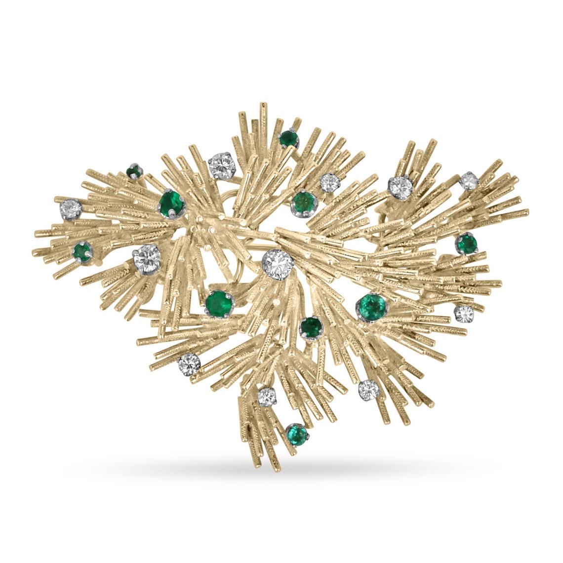 2,05tcw 18K Gold kolumbianischer Smaragd und Diamant Branch Brosche Eleganter Smaragd im Angebot