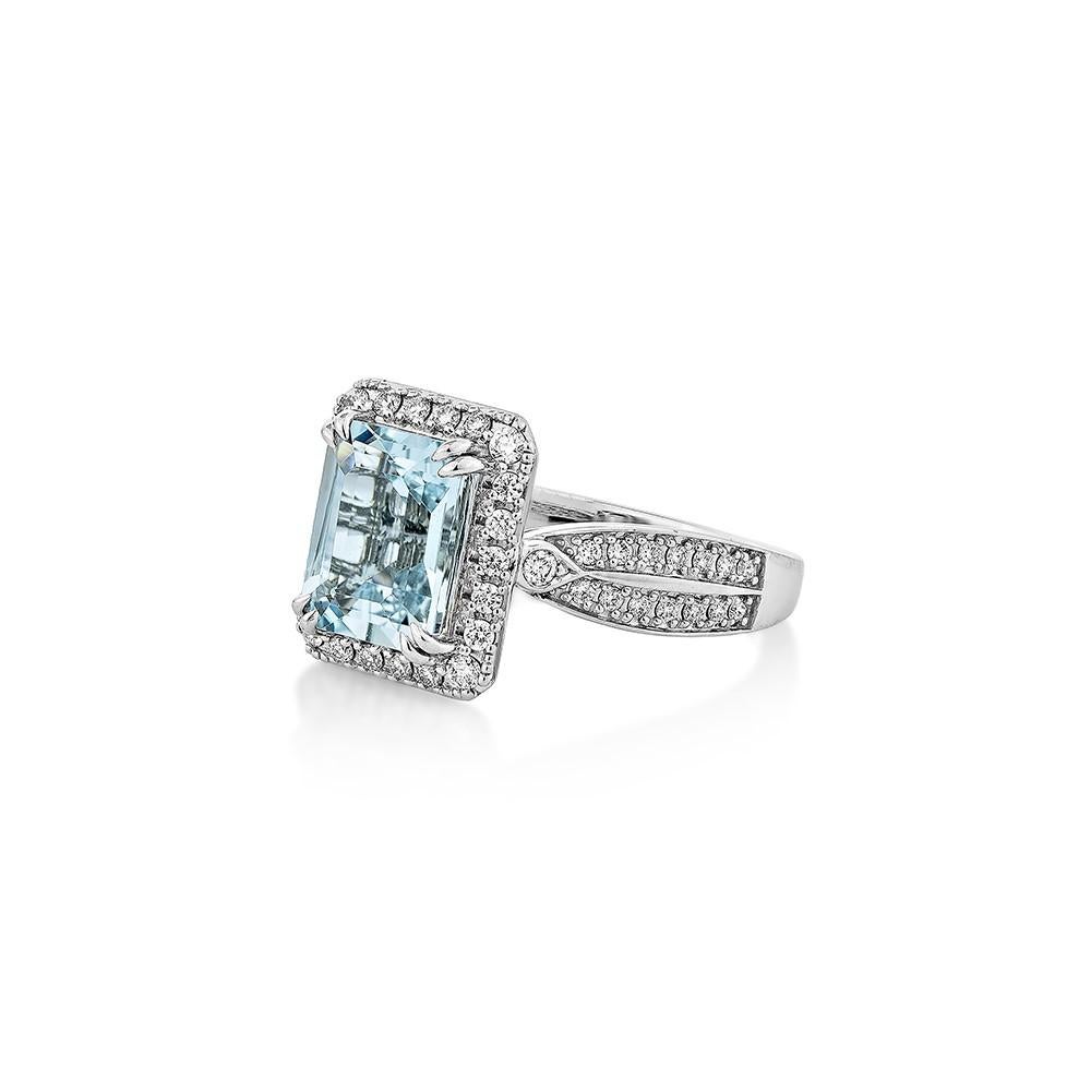 Octagon Cut 2.06 Carat Aquamarine Fancy Ring in 18Karat White Gold with White Diamond.    For Sale