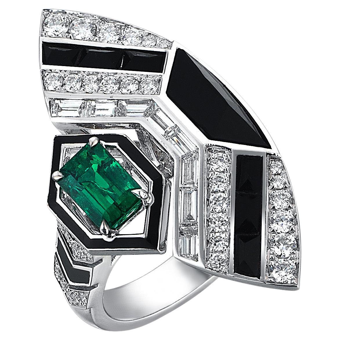 For Sale:  2.06 Carat Art Deco Diamond and Emerald 18K White Gold Ring