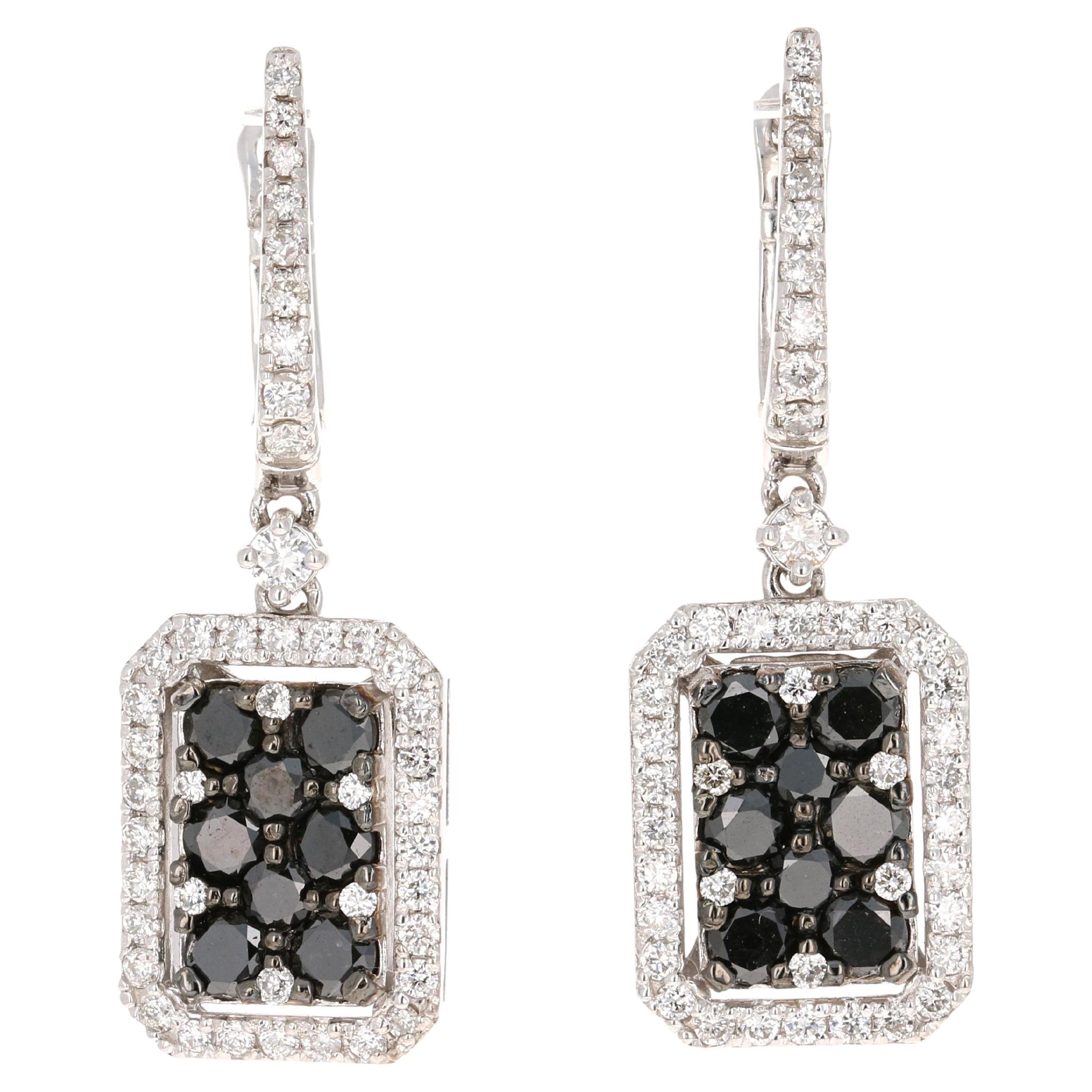 Boucles d'oreilles en or blanc 14 carats avec diamants noirs de 2,06 carats et diamants blancs