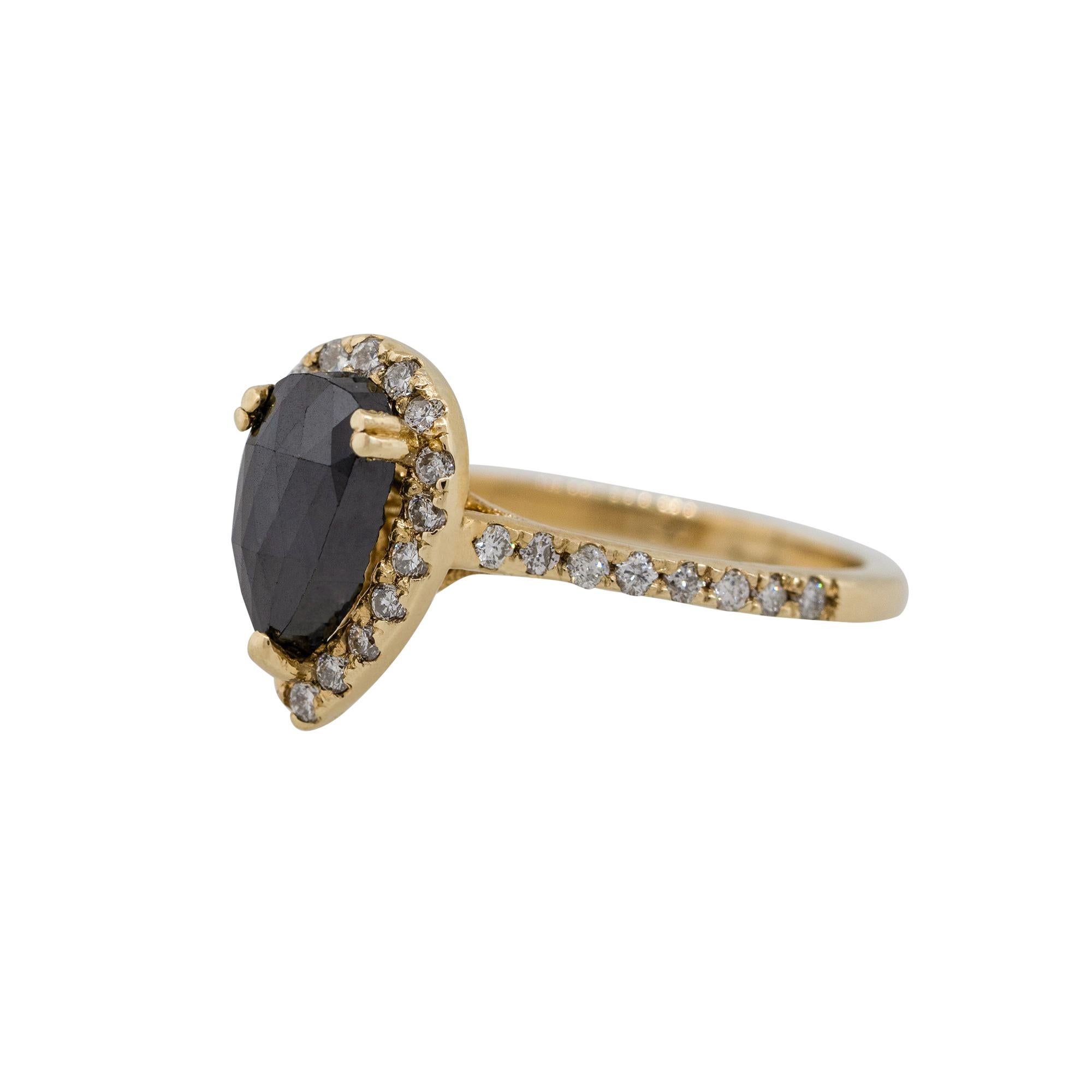 Material: 14k Yellow Gold
Diamond details: Approx. 1.65ctw pear shape Diamond. Diamond is Fancy Black in color and VS in clarity
                             Approx. 0.41 of round cut Diamonds. Diamonds are H in color and VS in clarity
Size: