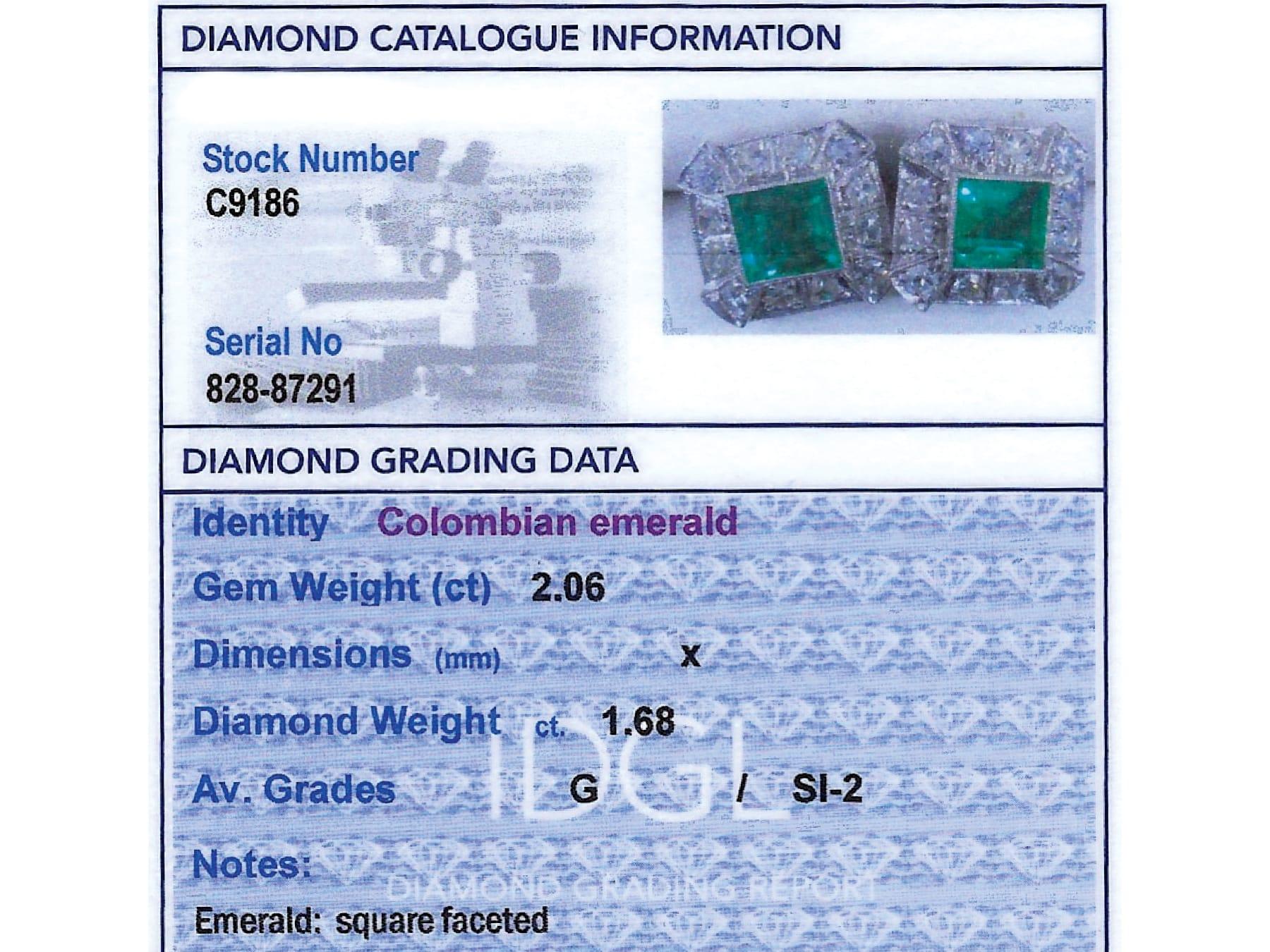 2.06 Carat Colombian Emerald 1.68 Carat Diamond 14k White Gold Cluster Earrings For Sale 5