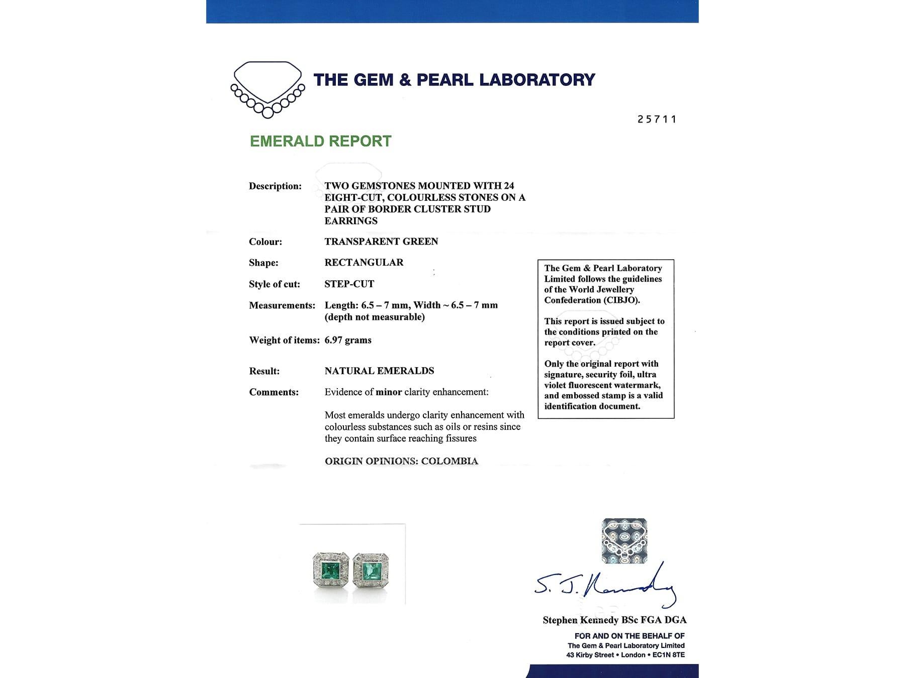 2.06 Carat Colombian Emerald 1.68 Carat Diamond 14k White Gold Cluster Earrings For Sale 6