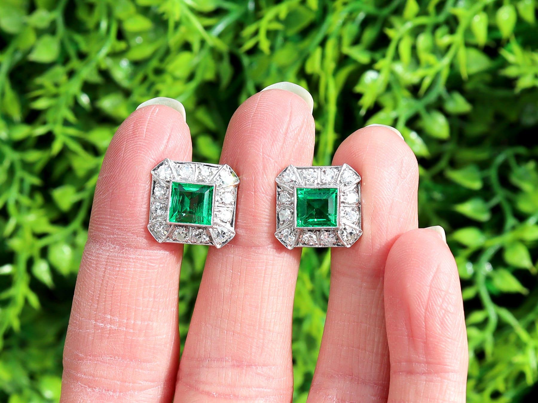 A stunning, fine and impressive pair of vintage 2.06 carat Colombian emerald and 1.68 carat diamond, 14 karat white gold cluster earrings; part of our diverse gemstone jewelry collections.

These stunning, fine and impressive vintage emerald