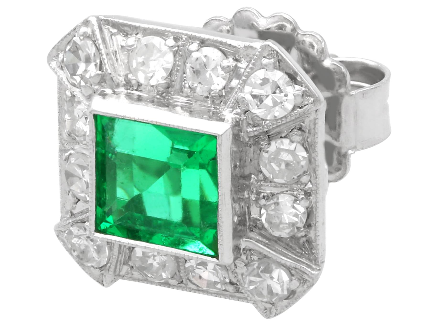 Square Cut 2.06 Carat Colombian Emerald 1.68 Carat Diamond 14k White Gold Cluster Earrings For Sale