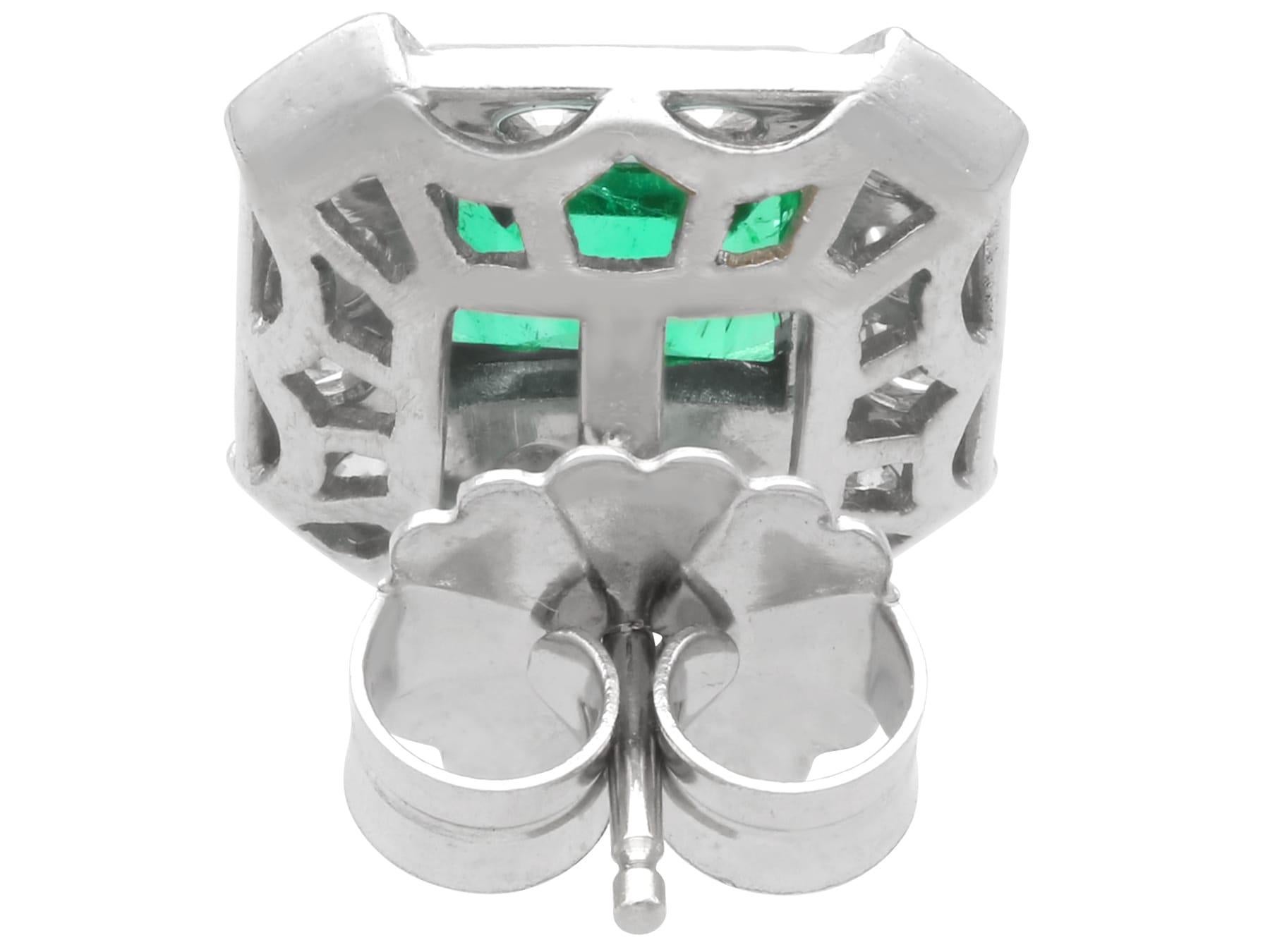 Women's or Men's 2.06 Carat Colombian Emerald 1.68 Carat Diamond 14k White Gold Cluster Earrings For Sale