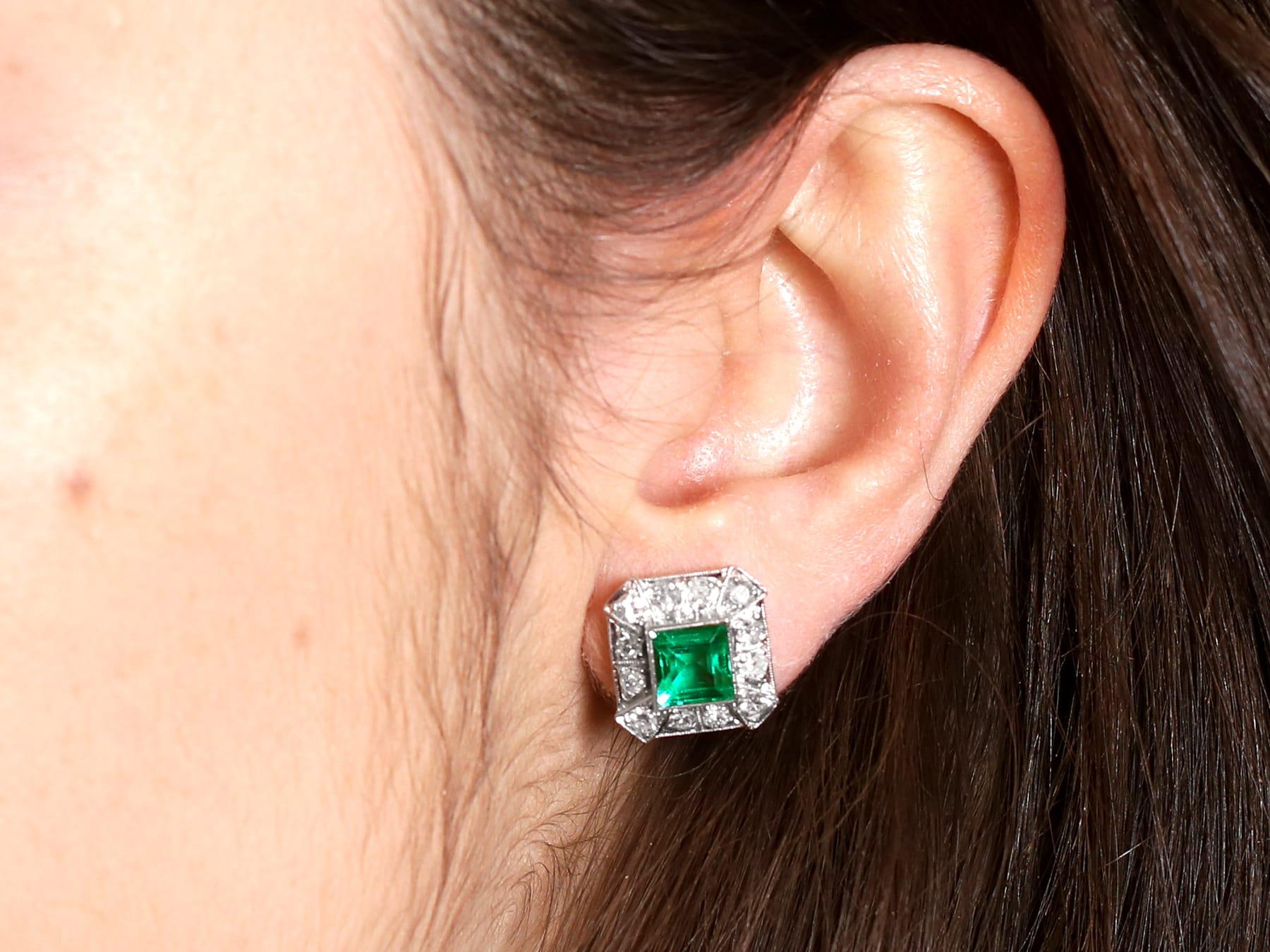 2.06 Carat Colombian Emerald 1.68 Carat Diamond 14k White Gold Cluster Earrings For Sale 4