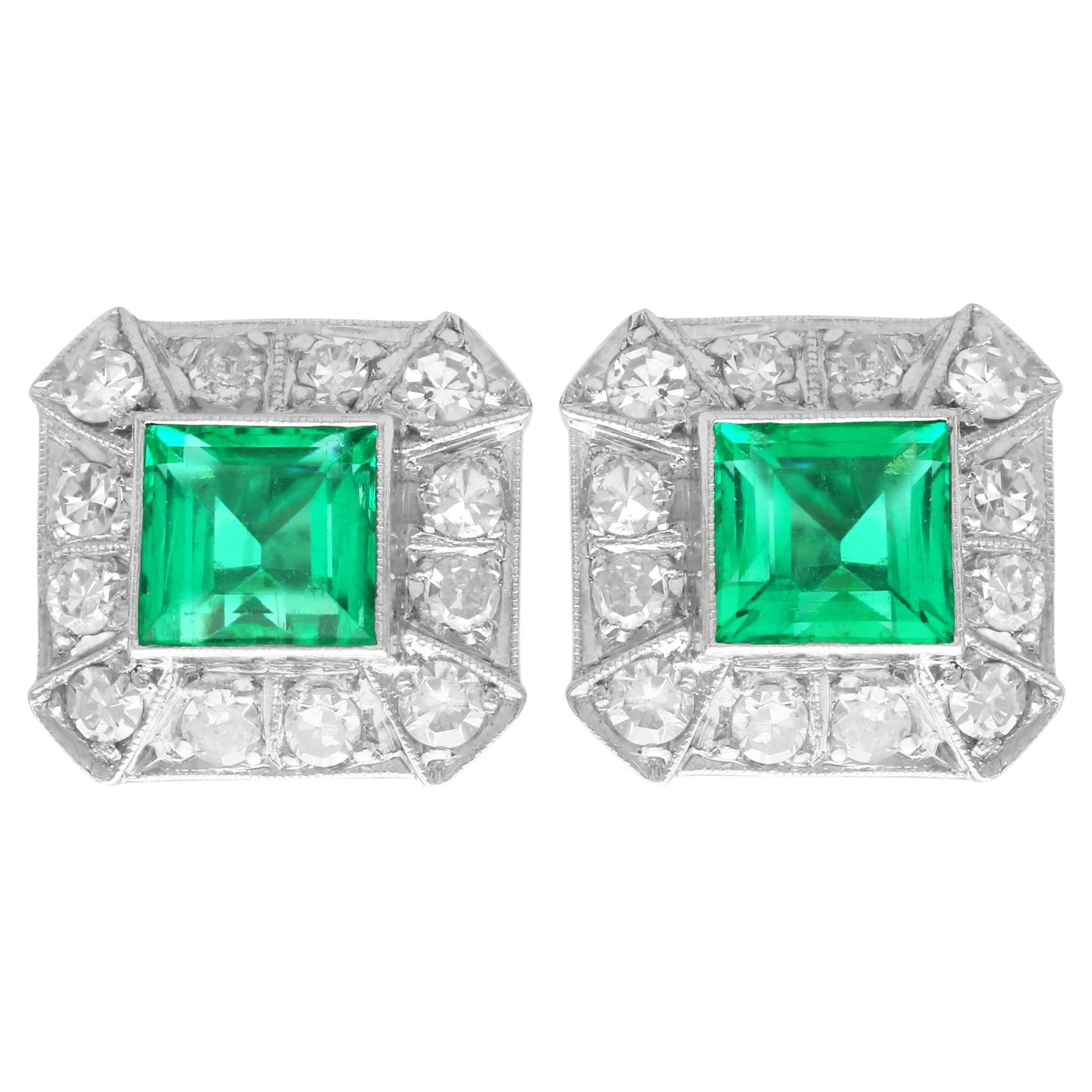 2.06 Carat Colombian Emerald 1.68 Carat Diamond 14k White Gold Cluster Earrings For Sale
