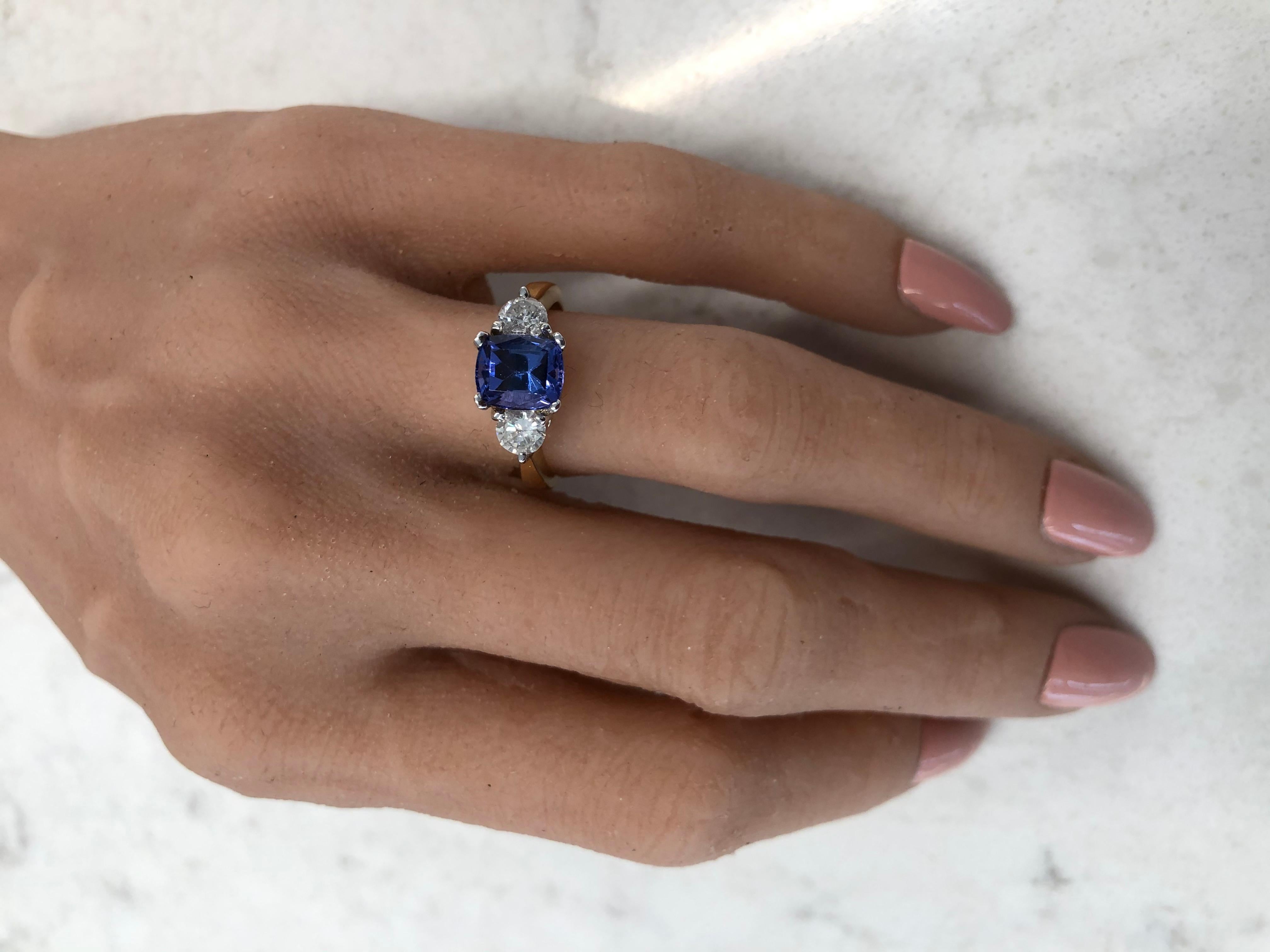 2.06 Carat Cushion Tanzanite and Diamond Yellow Gold Cocktail Ring 1