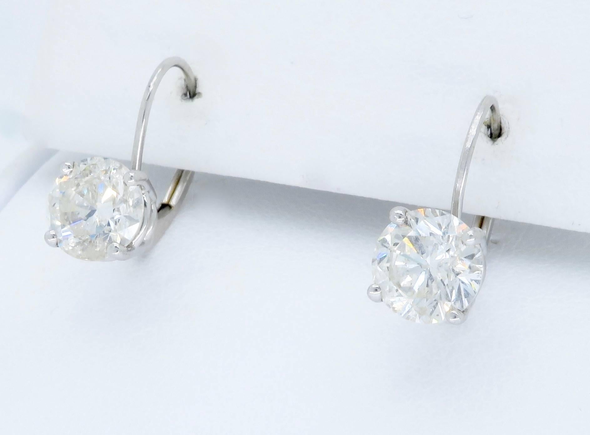 Round Cut 2.06 Carat Diamond Lever Back Solitaire Earrings