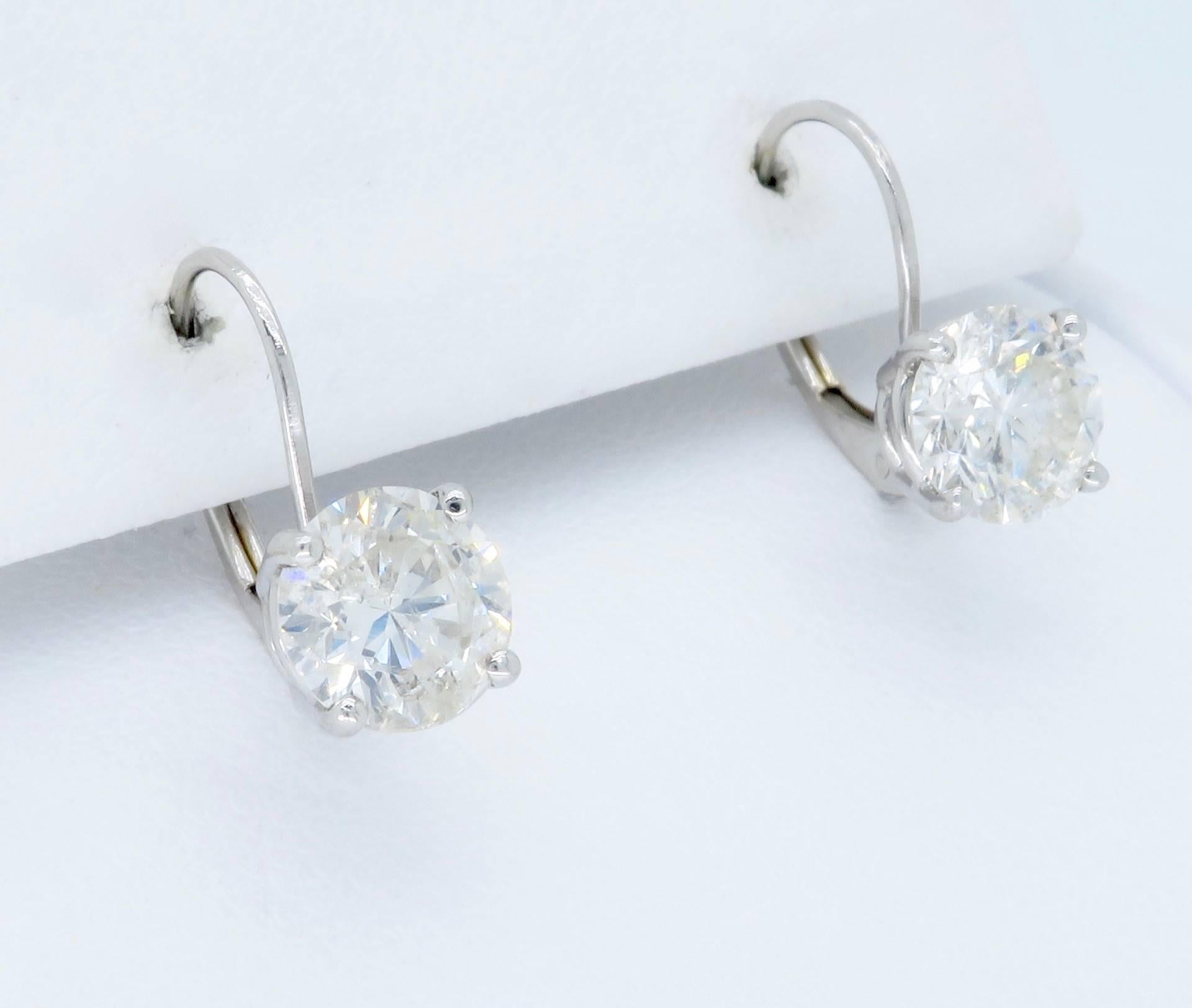 2.06 Carat Diamond Lever Back Solitaire Earrings In New Condition In Webster, NY