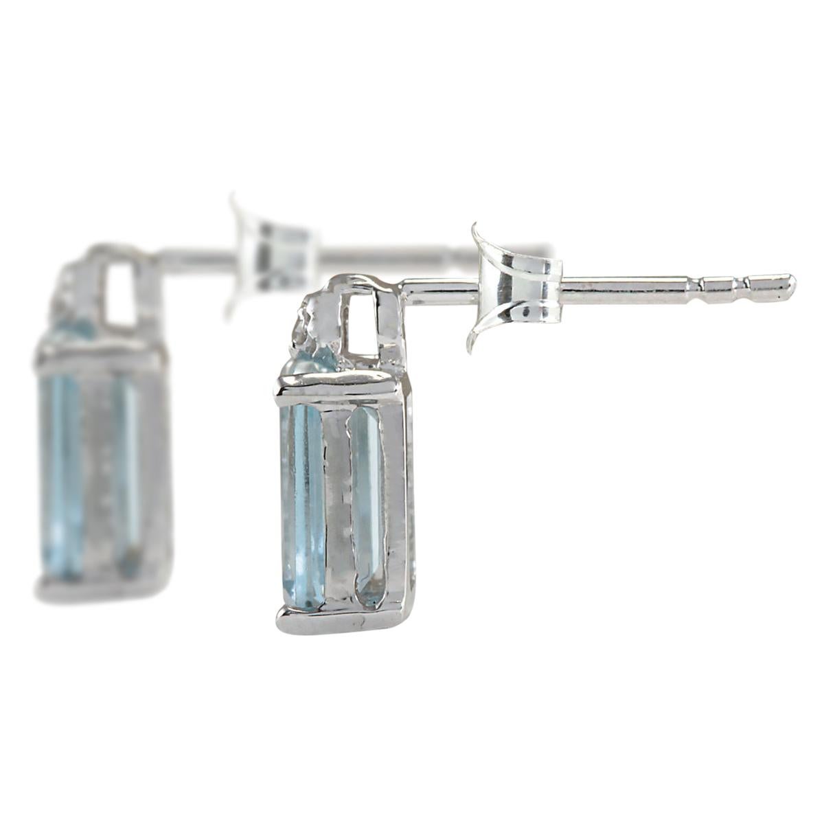 Stamped: 14K White Gold
Total Earrings Weight: 1.4 Grams
Total Natural Aquamarine Weight is 2.00 Carat (Measures: 7.00x5.00 mm)
Color: Blue
Total Natural Diamond Weight is 0.06 Carat
Color: F-G, Clarity: VS2-SI1
Face Measures: 9.75x5.45 mm
Sku: