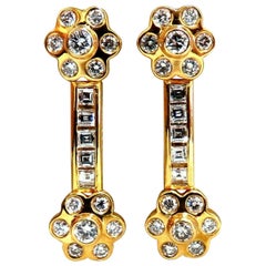 2.06 Carat Natural Baguette Round Diamonds Clover Stem Dangle Earrings 14 Karat