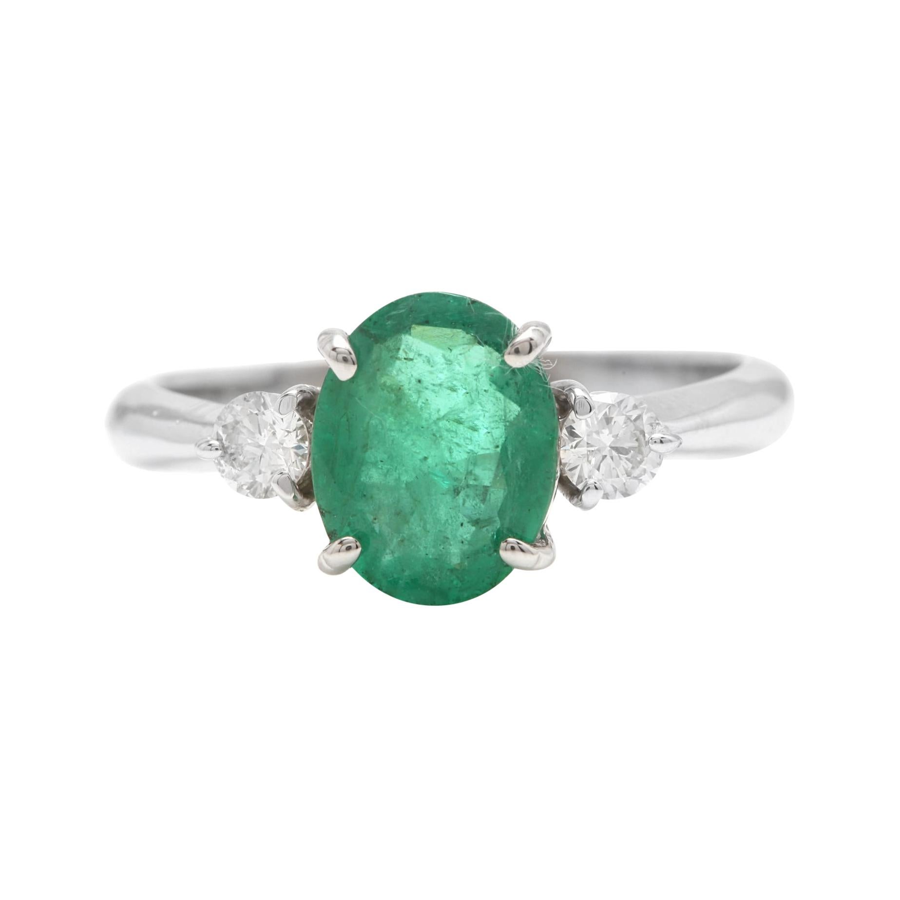 2.06 Carat Natural Emerald & Diamond 14k Solid White Gold Ring For Sale