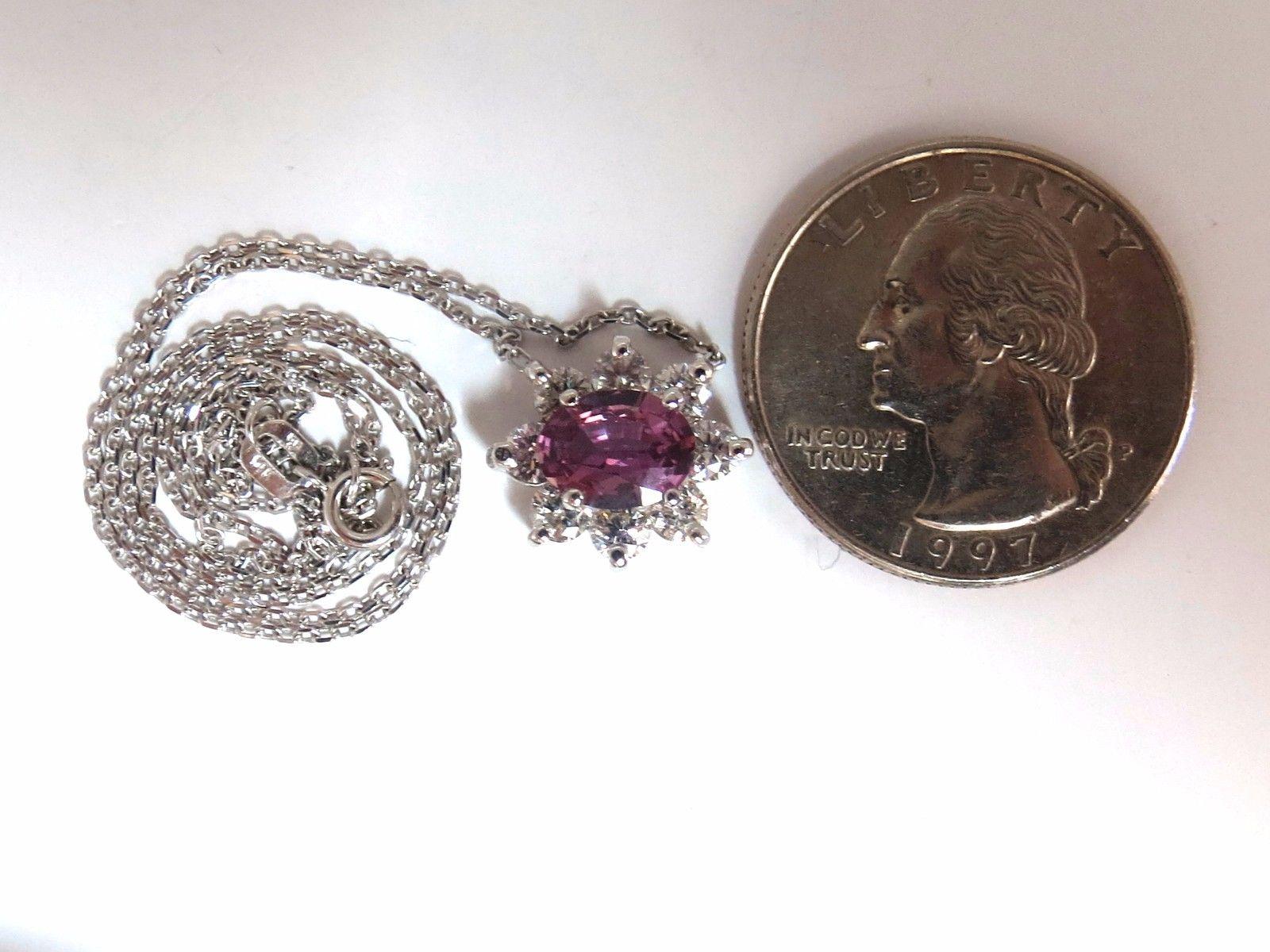 Oval Cut 2.06 Carat Natural Purple Pink Sapphire Cluster Diamond Necklace 14 Karat For Sale