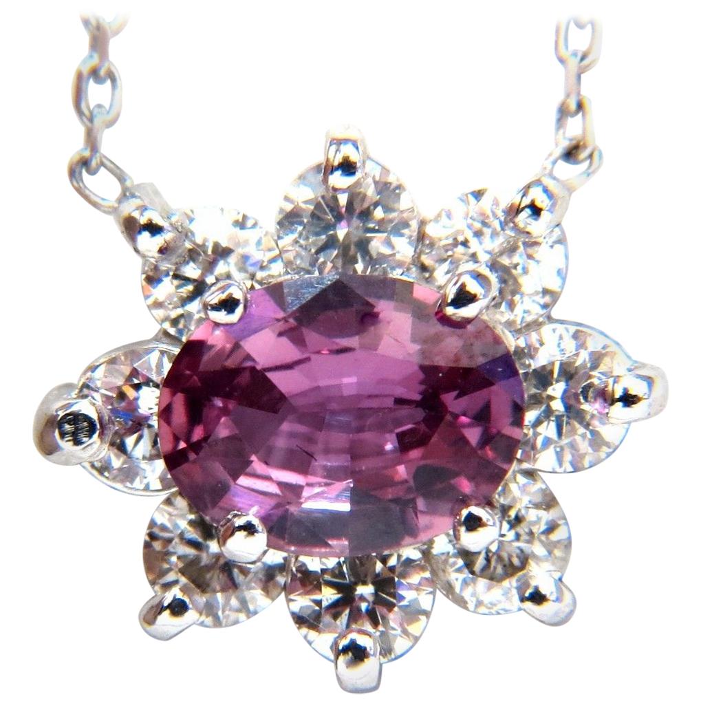 2.06 Carat Natural Purple Pink Sapphire Cluster Diamond Necklace 14 Karat For Sale