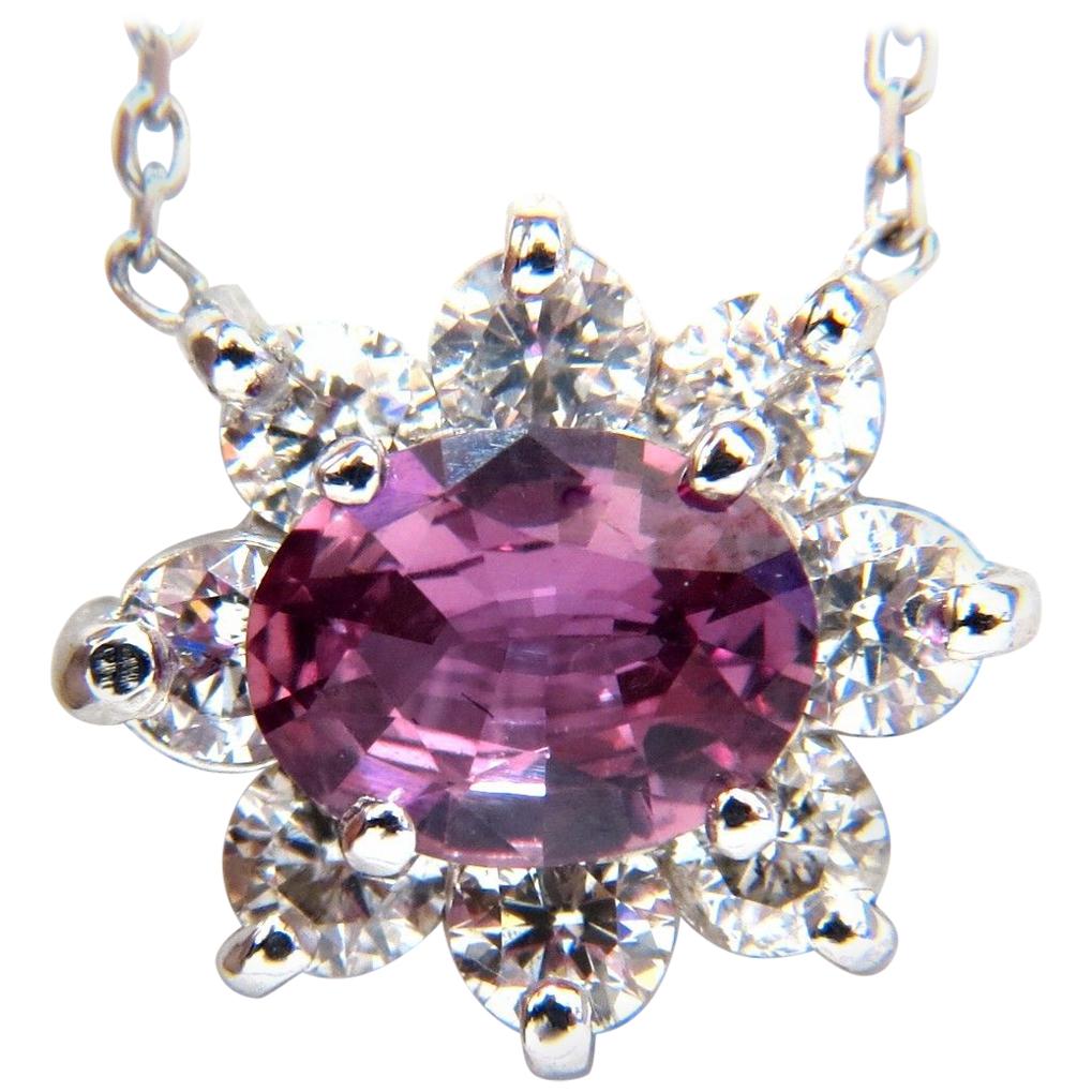 2.06 Carat Natural Purple Pink Sapphire Cluster Diamond Necklace 14 Karat* For Sale