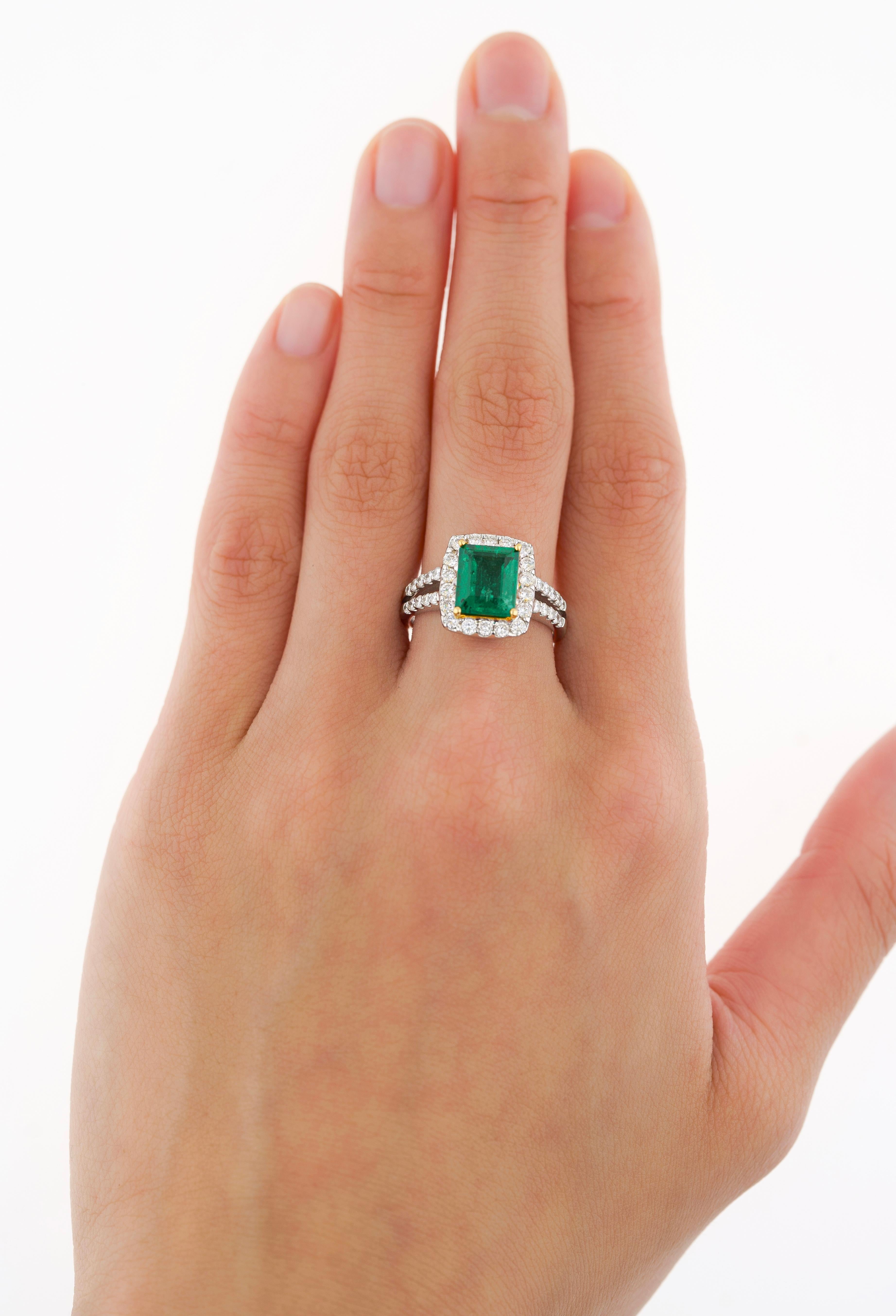 2.06 Carat Old Mine Muzo Colombian Emerald & Diamond Halo Split Shank 18k Ring For Sale 1