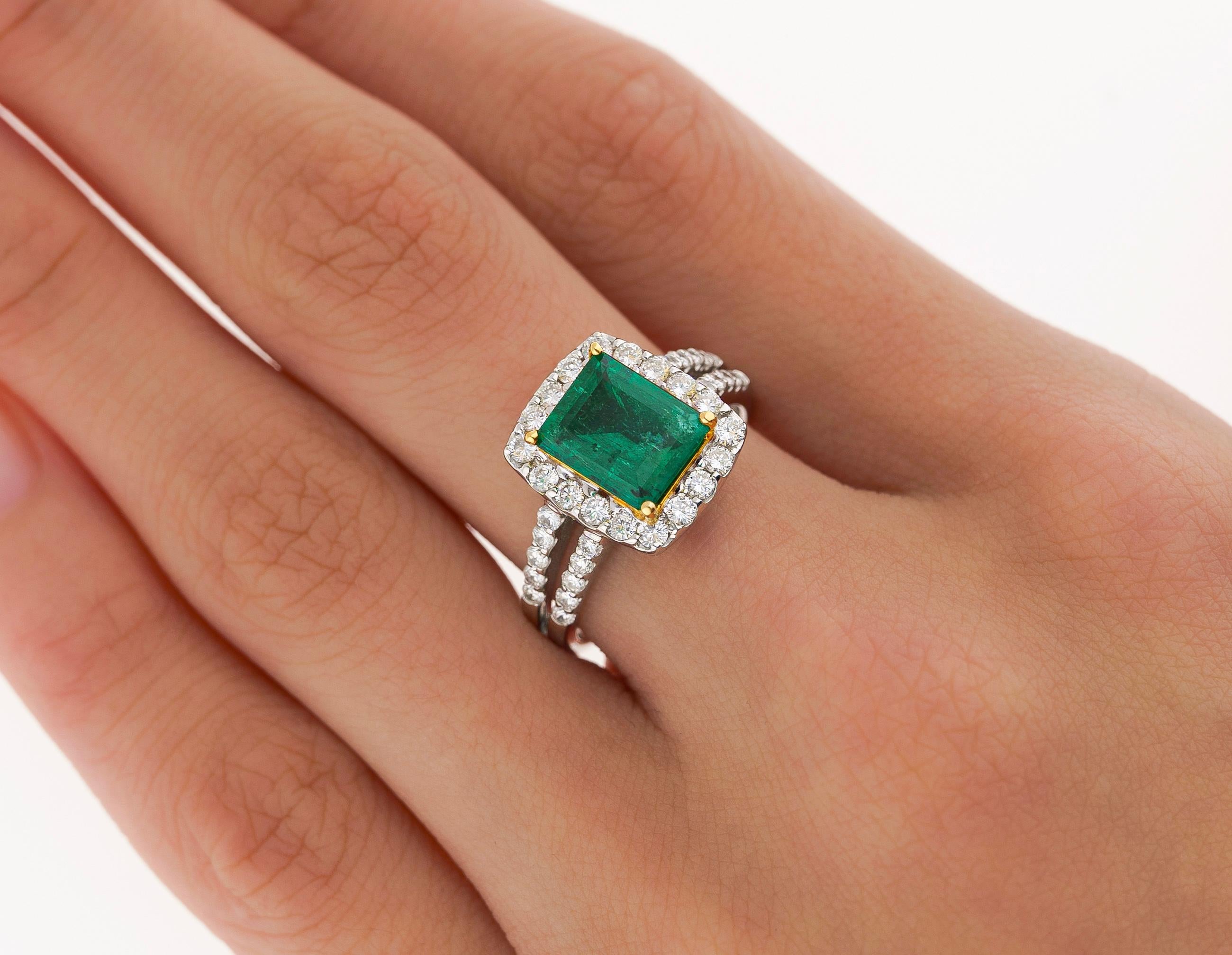 2.06 Carat Old Mine Muzo Colombian Emerald & Diamond Halo Split Shank 18k Ring For Sale 2