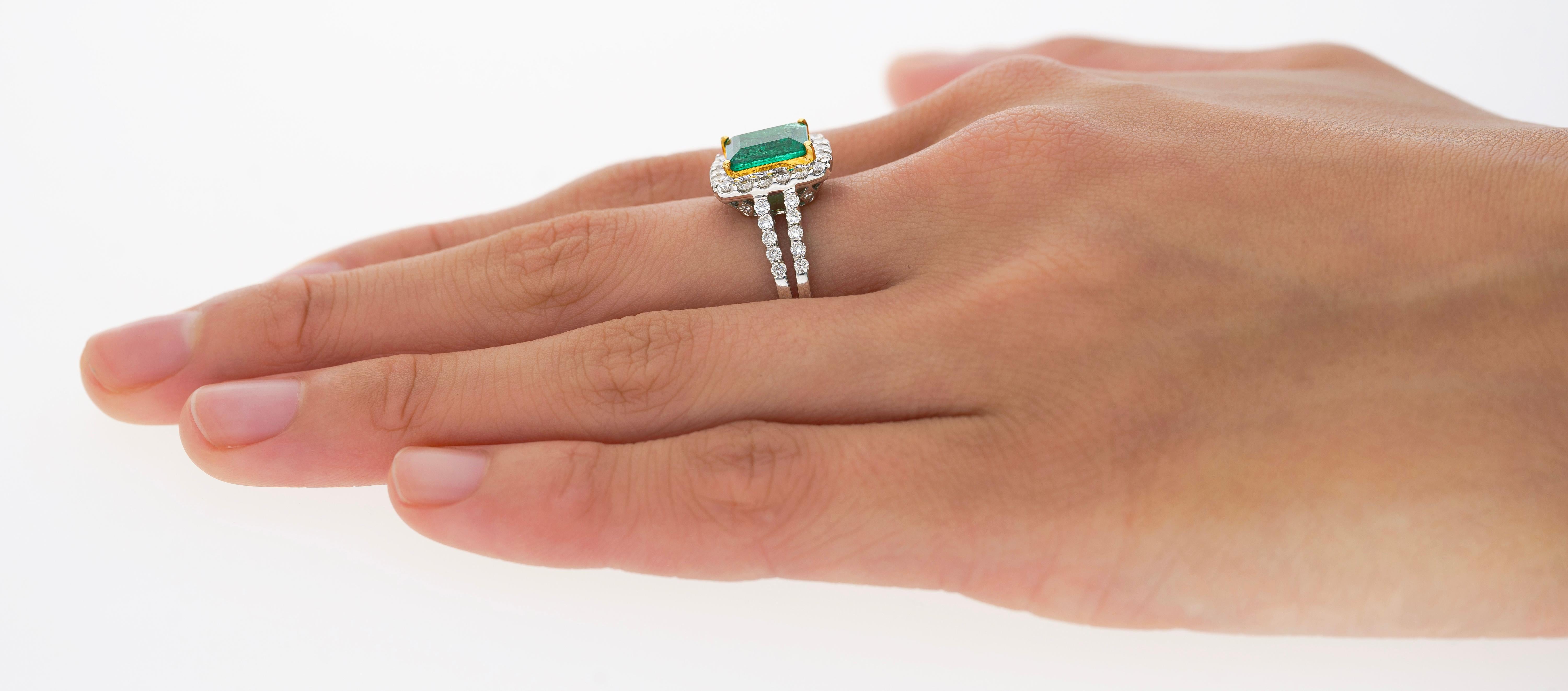 2.06 Carat Old Mine Muzo Colombian Emerald & Diamond Halo Split Shank 18k Ring For Sale 3
