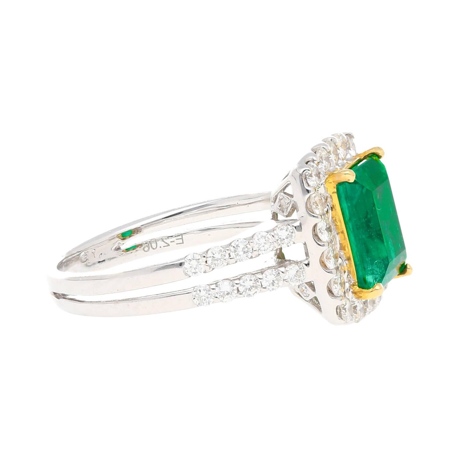 Modern 2.06 Carat Old Mine Muzo Colombian Emerald & Diamond Halo Split Shank 18k Ring For Sale