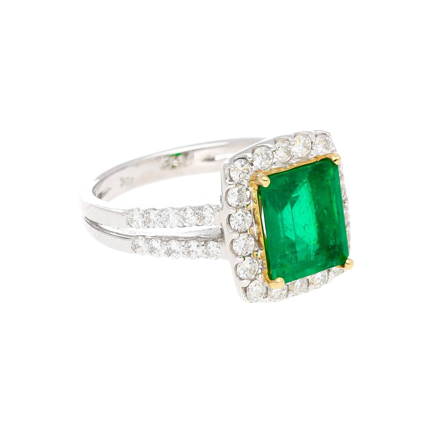 Emerald Cut 2.06 Carat Old Mine Muzo Colombian Emerald & Diamond Halo Split Shank 18k Ring For Sale